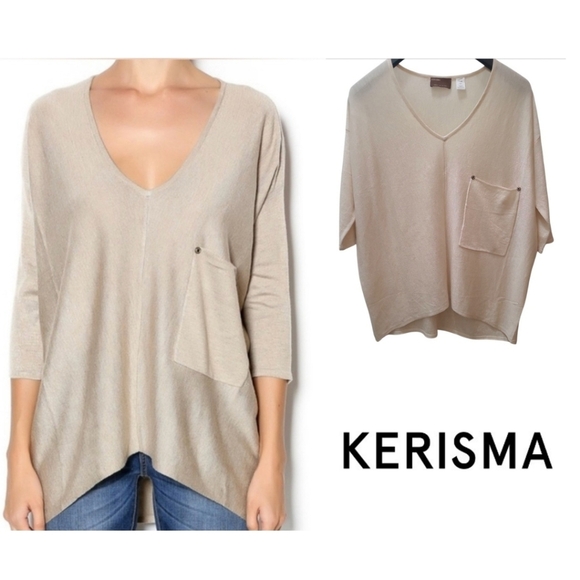 Kerisma Raven Oversized V-Neck Top Beige S/M – Cozy Center-Seam Knit with Pocket - Picture 1 of 10